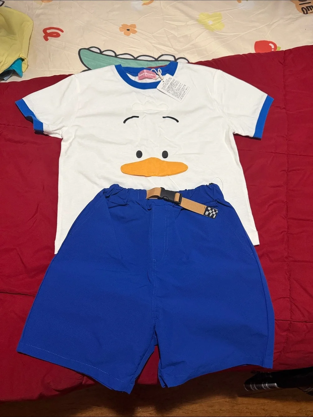 White Duck Face Tee with Royal Blue Trim & Royal Blue Shorts